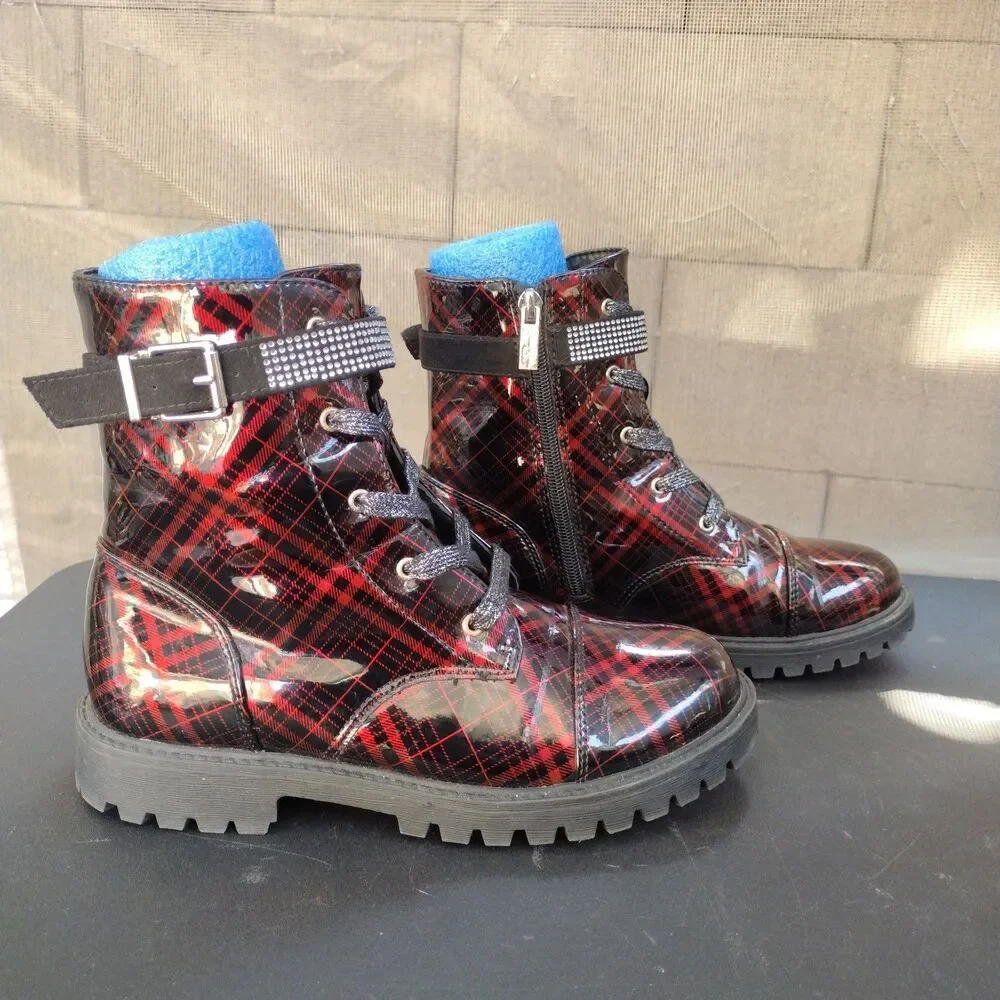 Jessica Simpson Rain Combat Boots Plaid Patent Zip Sides Kids Size 5 Black Red